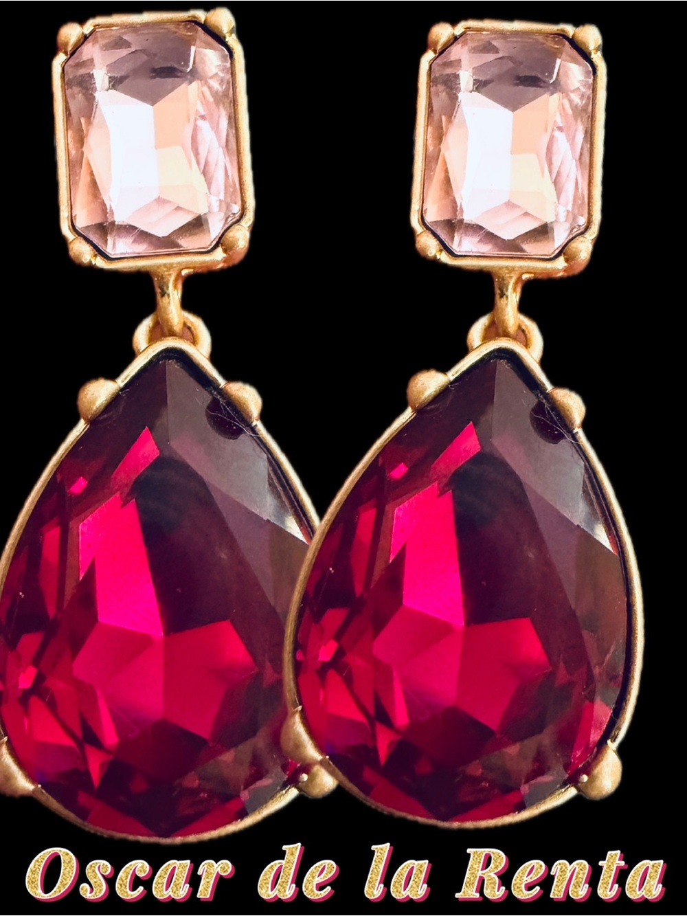 Oscar de la Renta Crystal Drop Teardrop Earrings Ruby Pink SIGNED Pierced/POST - Picture 4 of 10